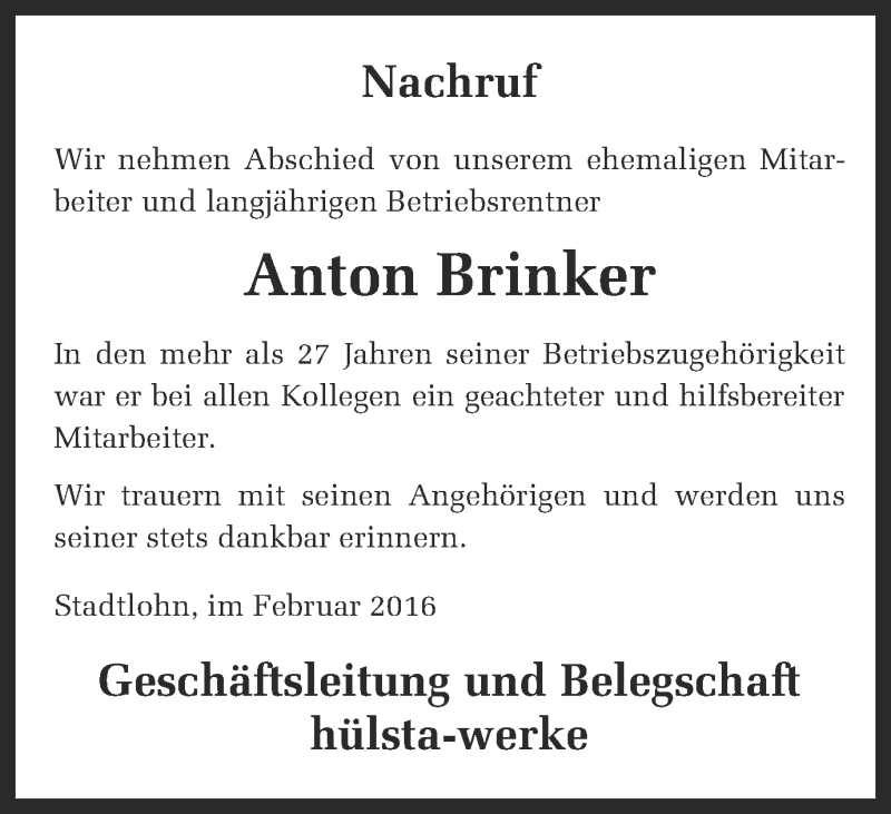  Traueranzeige für Anton Brinker vom 19.02.2016 aus Münstersche Zeitung und Münsterland Zeitung