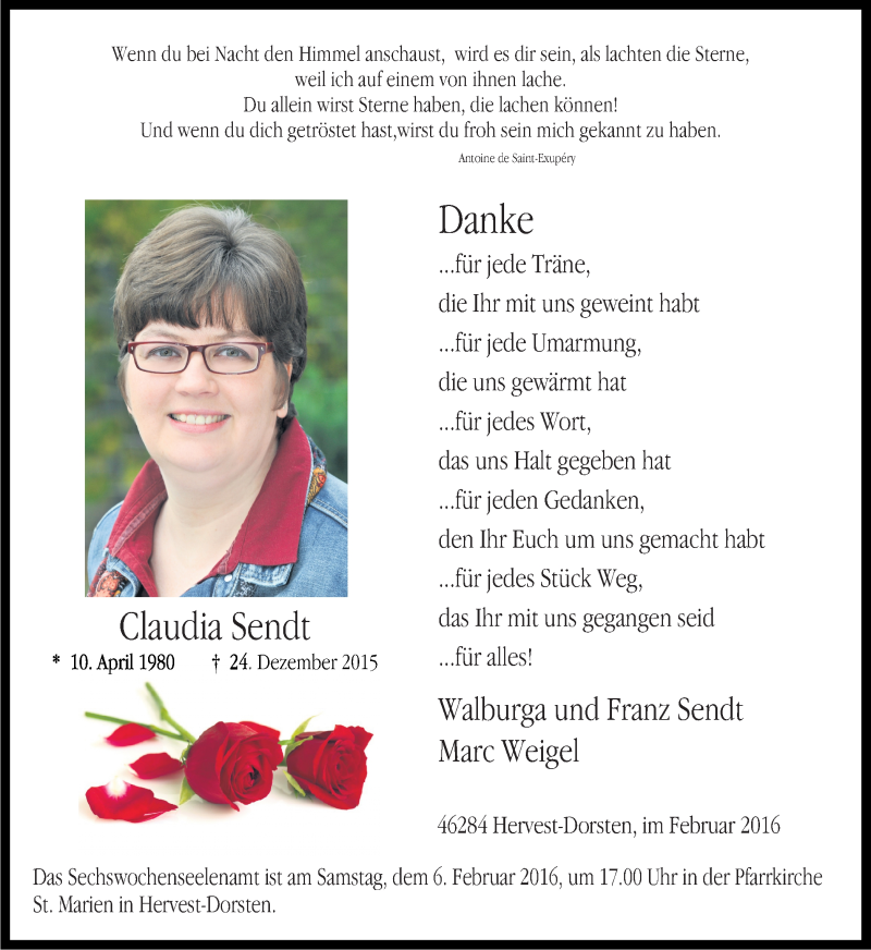  Traueranzeige für Claudia Sendt vom 03.02.2016 aus Ruhr Nachrichten und Dorstener Zeitung