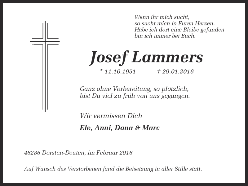  Traueranzeige für Josef Lammers vom 06.02.2016 aus Ruhr Nachrichten und Dorstener Zeitung
