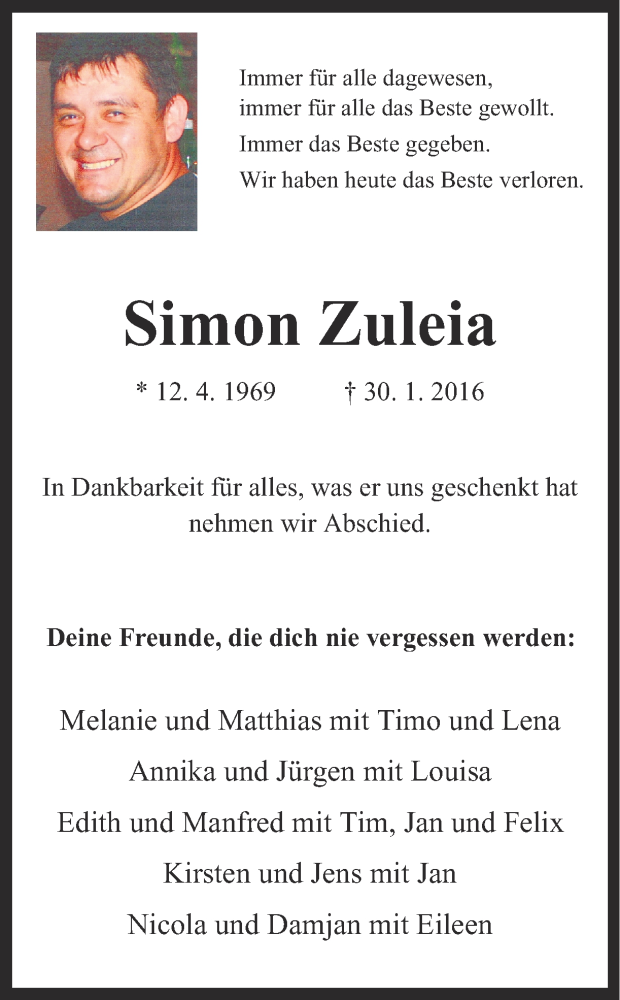  Traueranzeige für Simon Zuleia vom 03.02.2016 aus Ruhr Nachrichten