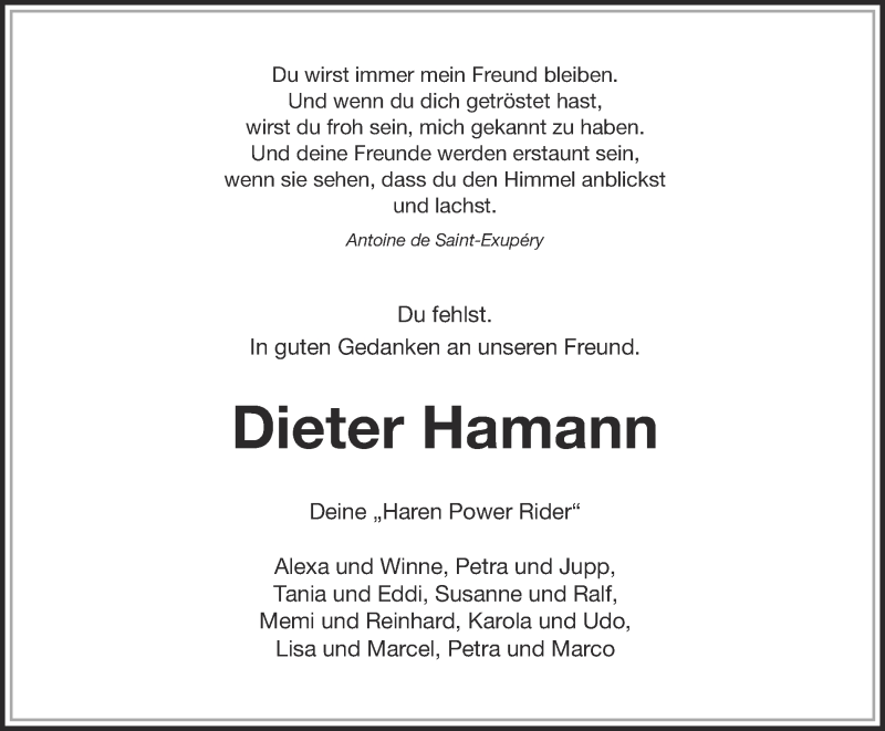  Traueranzeige für Dieter Hamann vom 21.03.2016 aus Münstersche Zeitung und Münsterland Zeitung