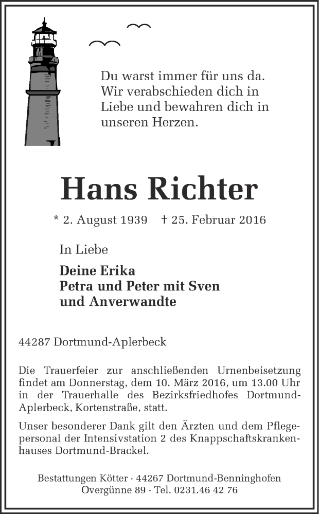  Traueranzeige für Hans Richter vom 05.03.2016 aus Ruhr Nachrichten