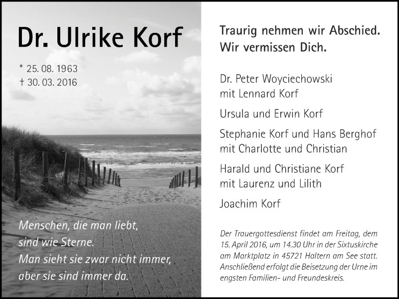  Traueranzeige für Ulrike Korf vom 09.04.2016 aus Ruhr Nachrichten und Halterner Zeitung