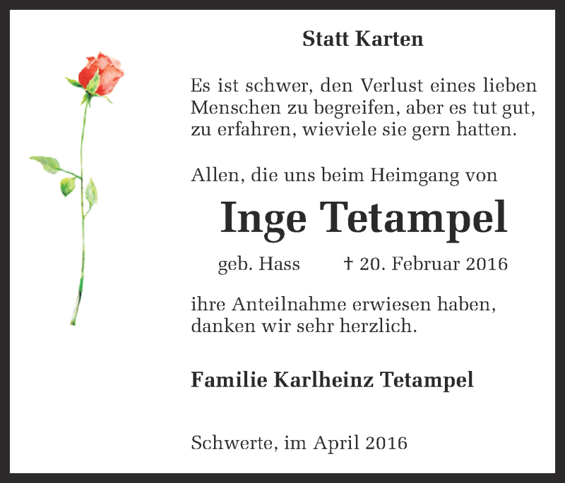  Traueranzeige für Inge Tetampel vom 09.04.2016 aus Ruhr Nachrichten