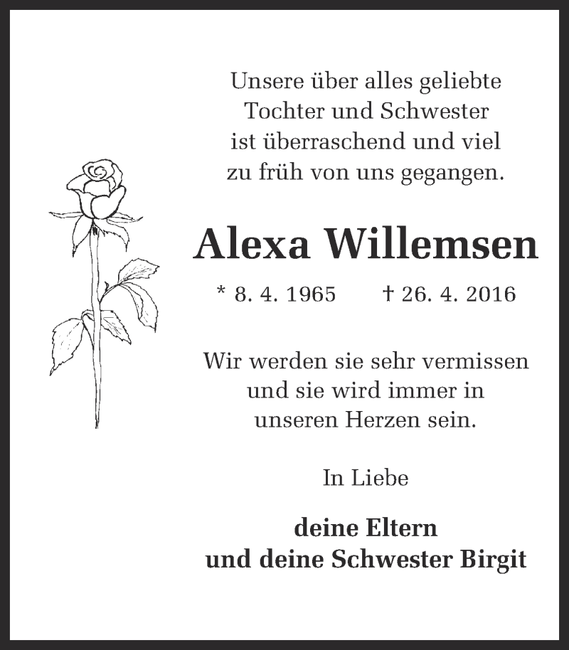  Traueranzeige für Alexa Willemsen vom 29.04.2016 aus Münstersche Zeitung und Münsterland Zeitung