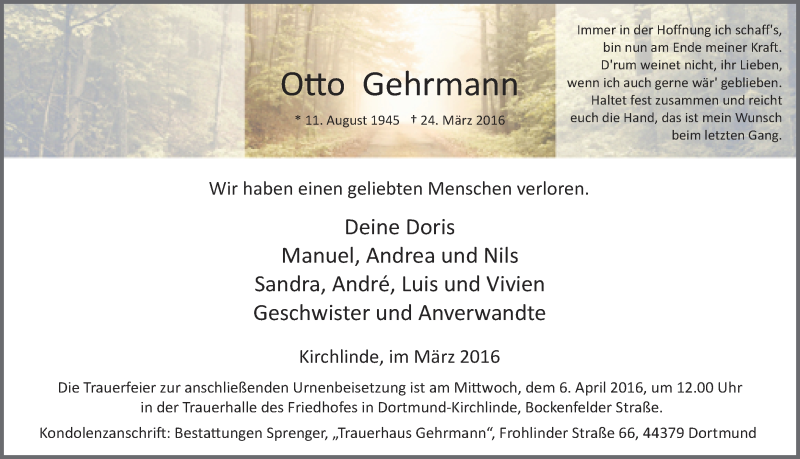  Traueranzeige für Otto Gehrmann vom 02.04.2016 aus Ruhr Nachrichten