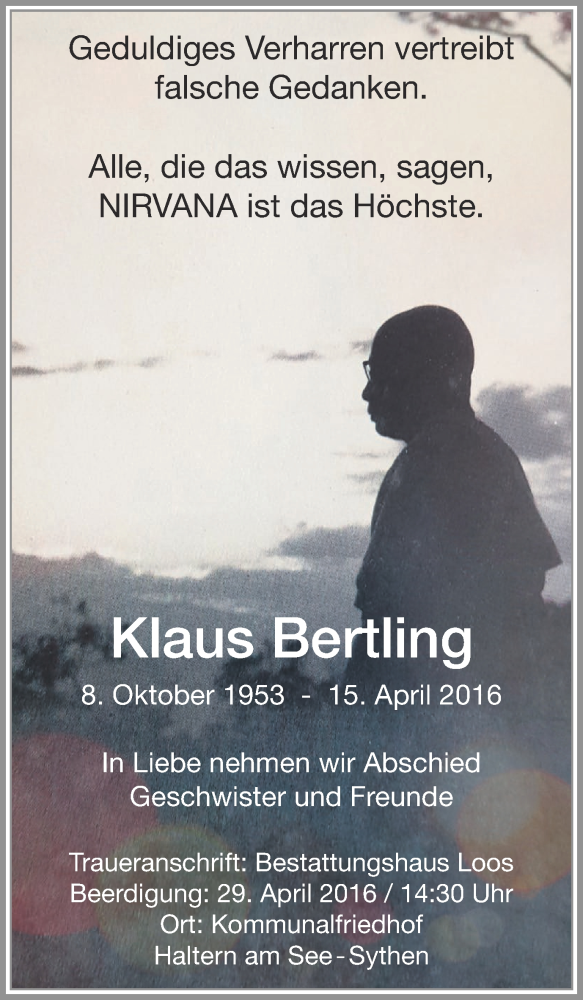  Traueranzeige für Klaus Bertling vom 27.04.2016 aus Ruhr Nachrichten und Halterner Zeitung