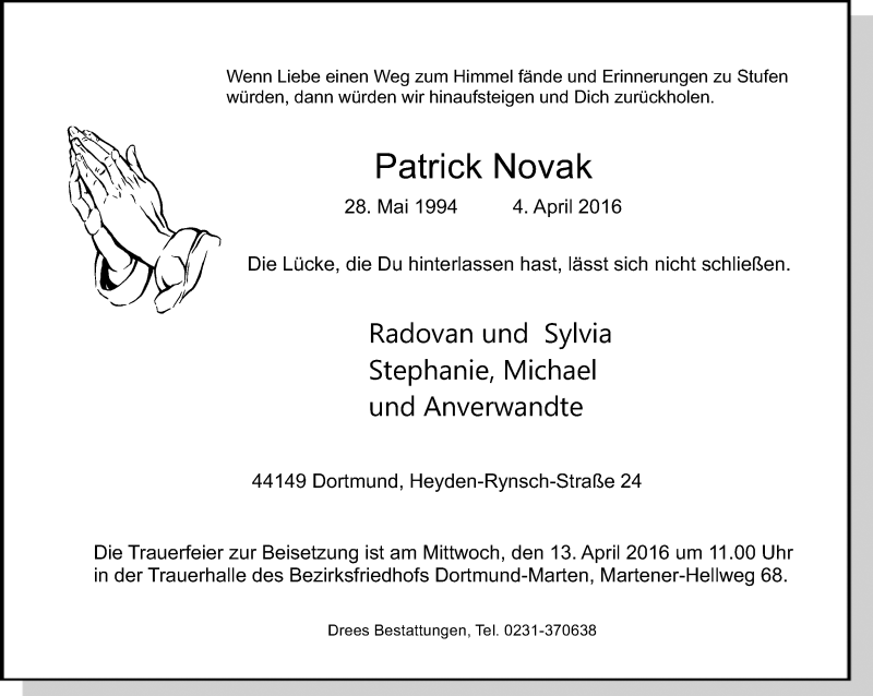  Traueranzeige für Patrick Novak vom 11.04.2016 aus Ruhr Nachrichten
