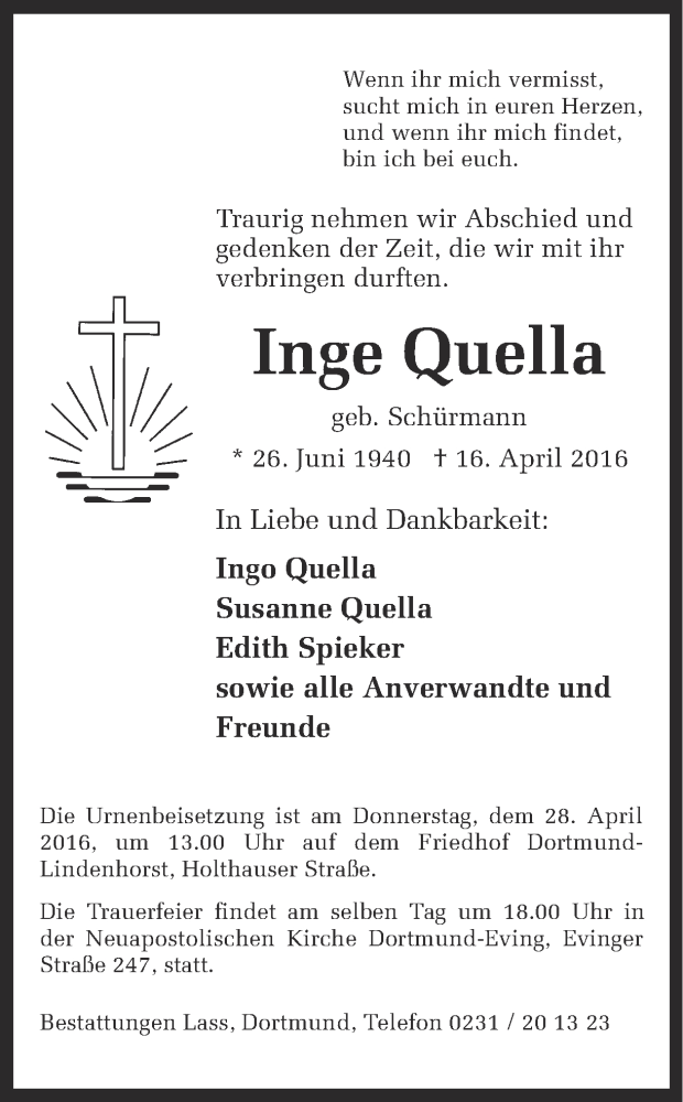  Traueranzeige für Inge Quella vom 23.04.2016 aus Ruhr Nachrichten