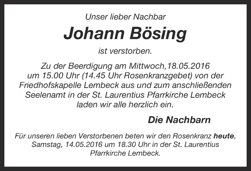  Traueranzeige für Johann Bösing vom 14.05.2016 aus Ruhr Nachrichten und Dorstener Zeitung