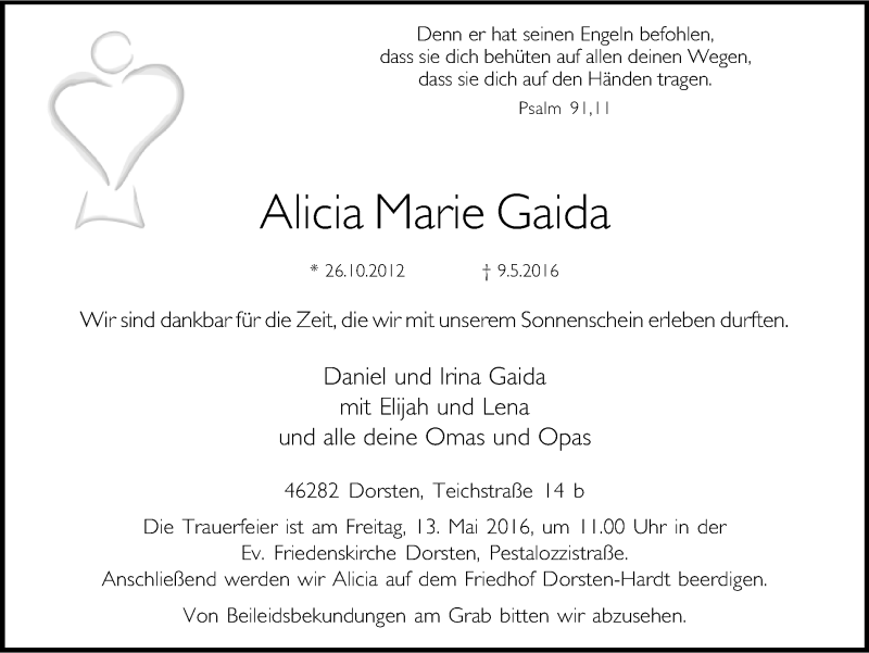  Traueranzeige für Alicia Marie Gaida vom 11.05.2016 aus Ruhr Nachrichten und Dorstener Zeitung