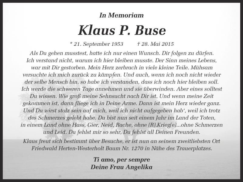  Traueranzeige für Klaus P. Buse vom 28.05.2016 aus Ruhr Nachrichten und Dorstener Zeitung