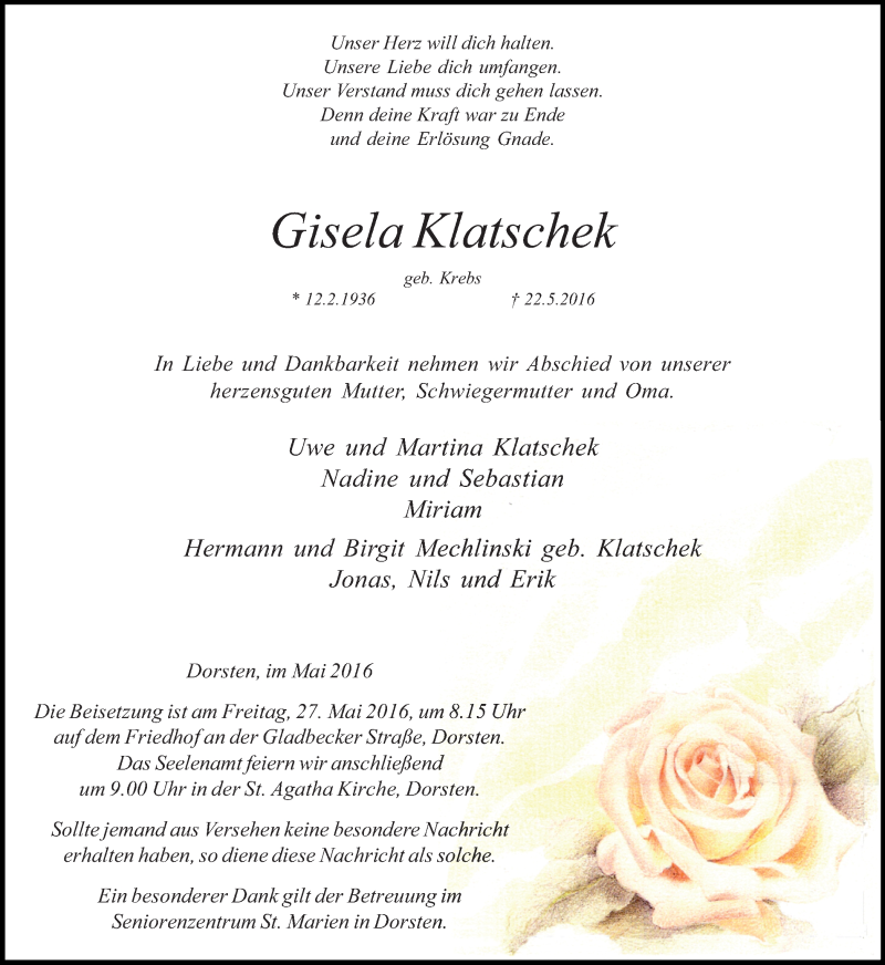  Traueranzeige für Gisela Klatschek vom 24.05.2016 aus Ruhr Nachrichten und Dorstener Zeitung