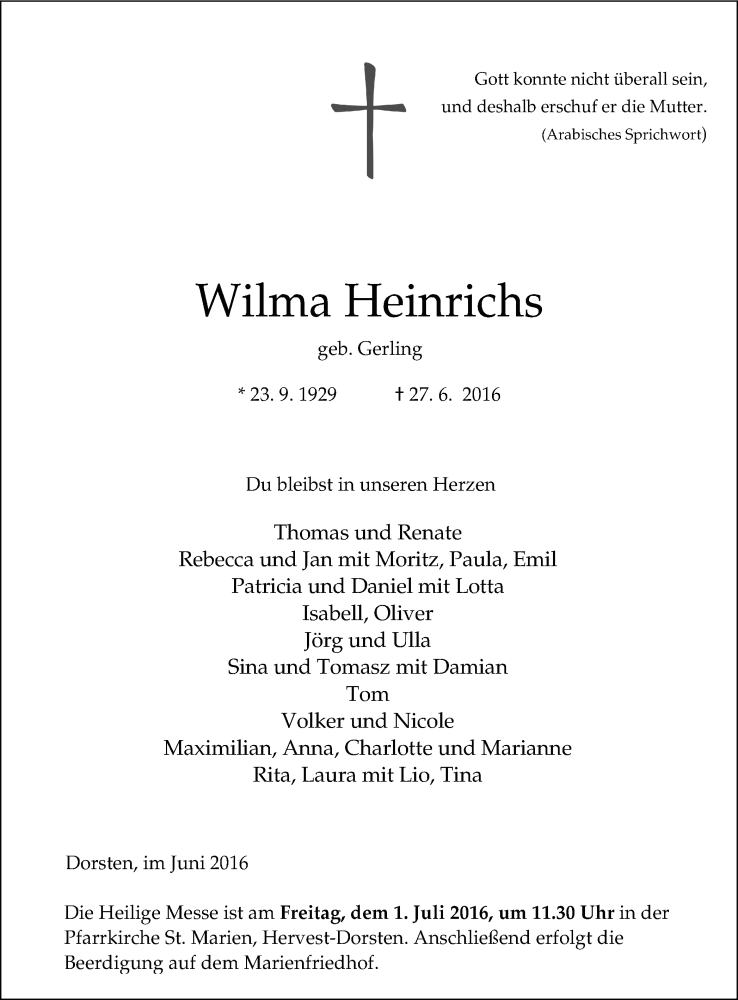  Traueranzeige für Wilma Heinrichs vom 30.06.2016 aus Ruhr Nachrichten und Dorstener Zeitung