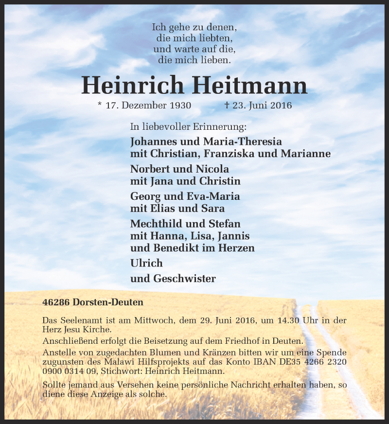  Traueranzeige für Heinrich Heitmann vom 27.06.2016 aus Ruhr Nachrichten und Dorstener Zeitung
