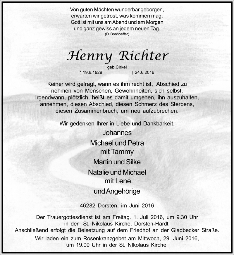  Traueranzeige für Henny Richter vom 29.06.2016 aus Ruhr Nachrichten und Dorstener Zeitung