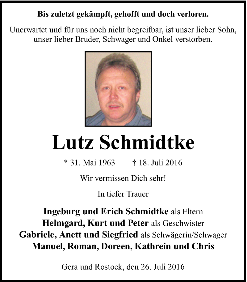  Traueranzeige für Lutz Schmidtke vom 26.07.2016 aus Ruhr Nachrichten und Dorstener Zeitung