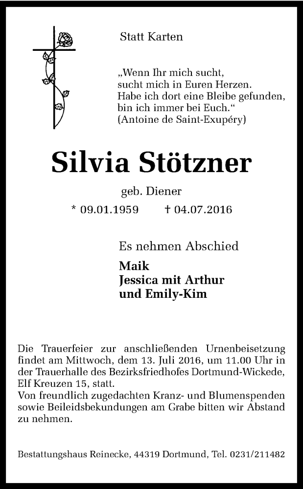  Traueranzeige für Silvia Stötzner vom 09.07.2016 aus Ruhr Nachrichten