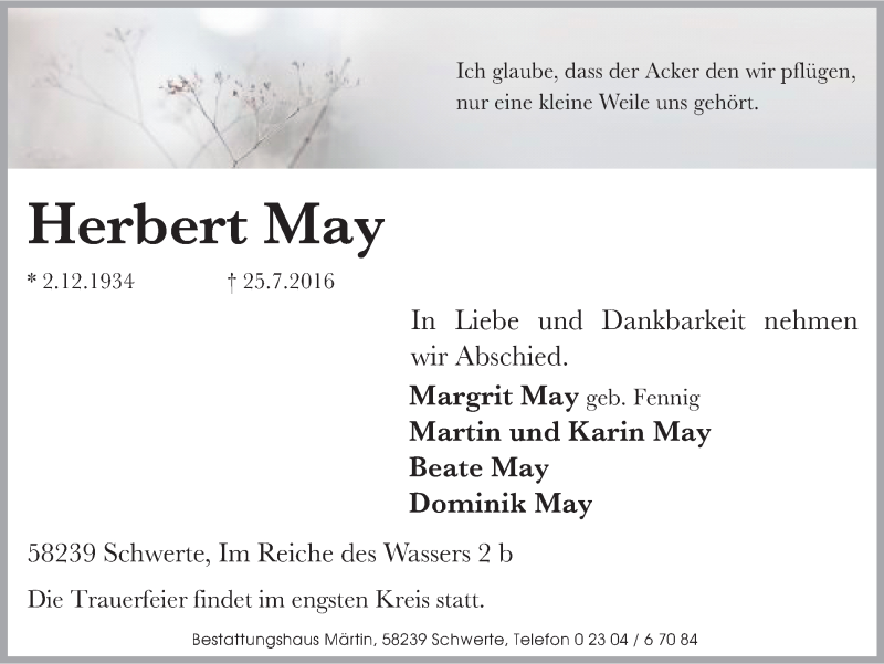  Traueranzeige für Herbert May vom 26.07.2016 aus Ruhr Nachrichten