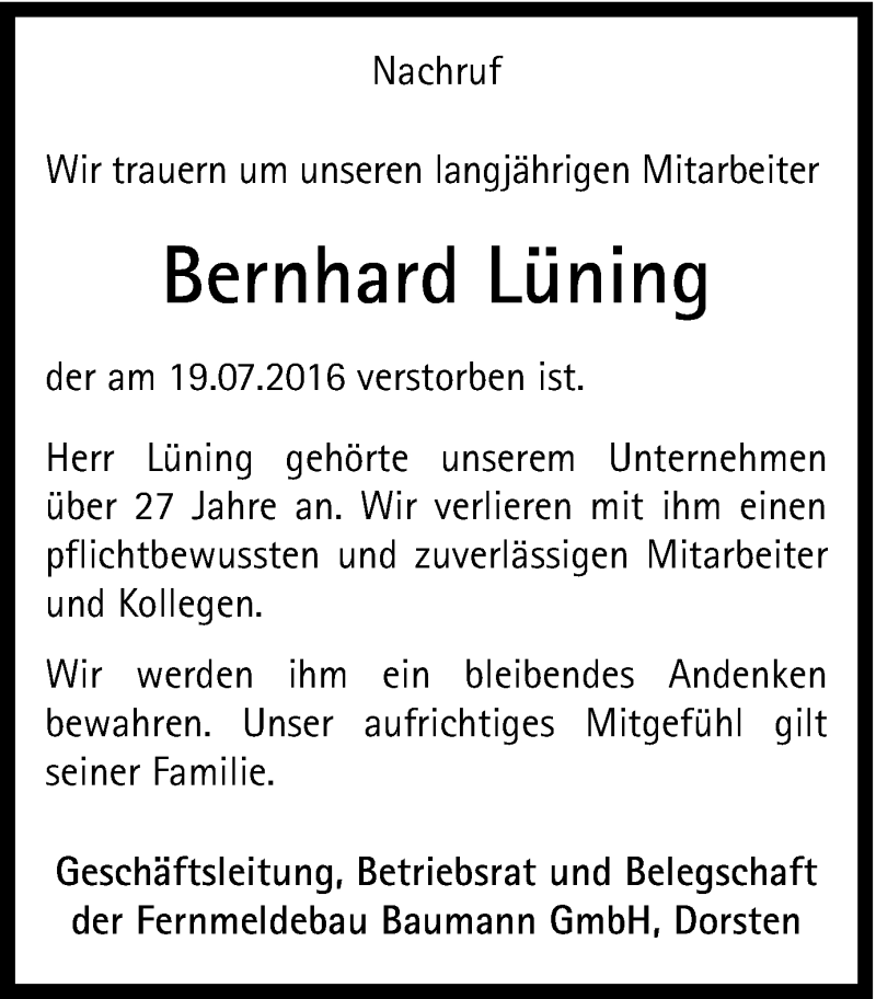  Traueranzeige für Bernhard Lüning vom 28.07.2016 aus Ruhr Nachrichten und Dorstener Zeitung