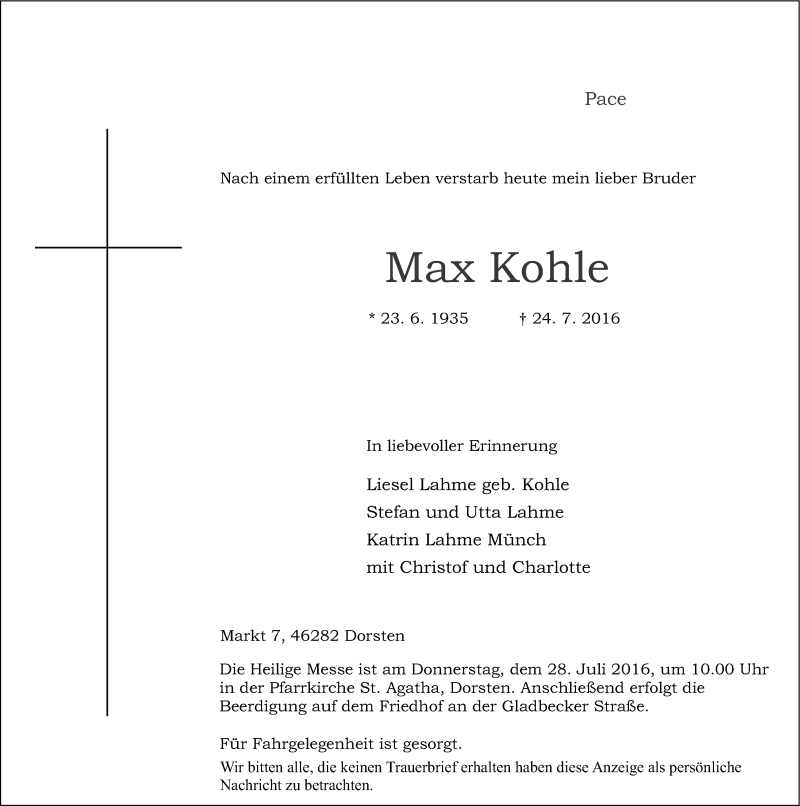  Traueranzeige für Max Kohle vom 26.07.2016 aus Ruhr Nachrichten und Dorstener Zeitung