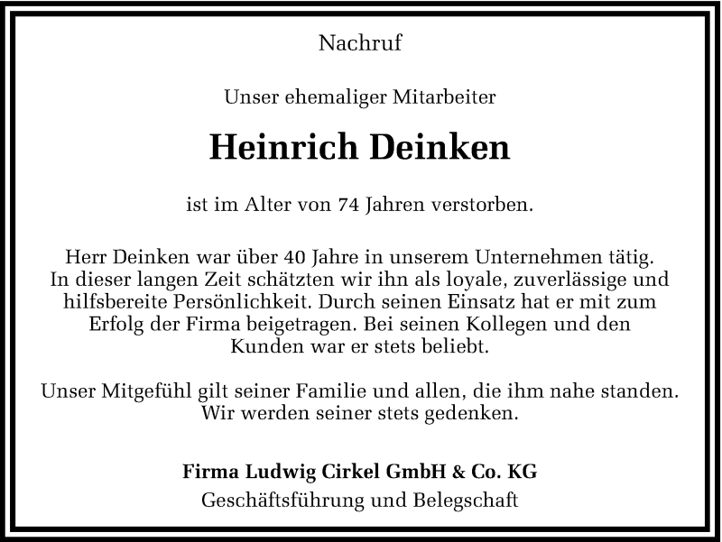  Traueranzeige für Heinrich Deinken vom 23.08.2016 aus Ruhr Nachrichten und Dorstener Zeitung