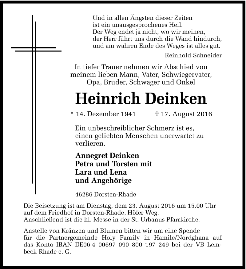  Traueranzeige für Heinrich Deinken vom 20.08.2016 aus Ruhr Nachrichten und Dorstener Zeitung
