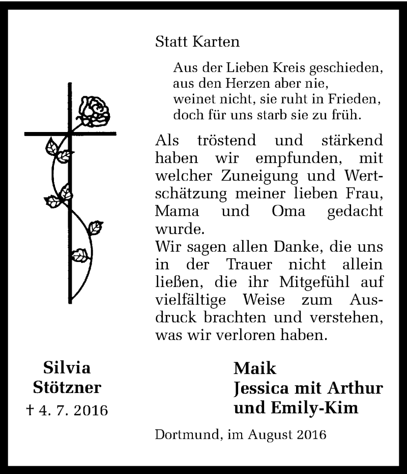  Traueranzeige für Silvia Stötzner vom 13.08.2016 aus Ruhr Nachrichten