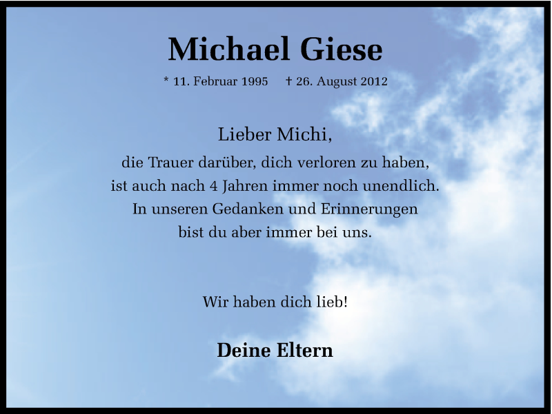  Traueranzeige für Michael Giese vom 26.08.2016 aus Ruhr Nachrichten und Dorstener Zeitung