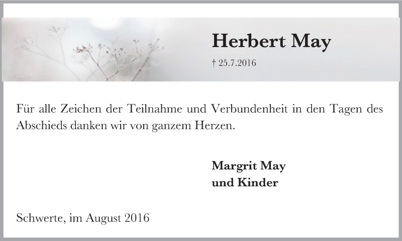  Traueranzeige für Herbert May vom 24.08.2016 aus Ruhr Nachrichten