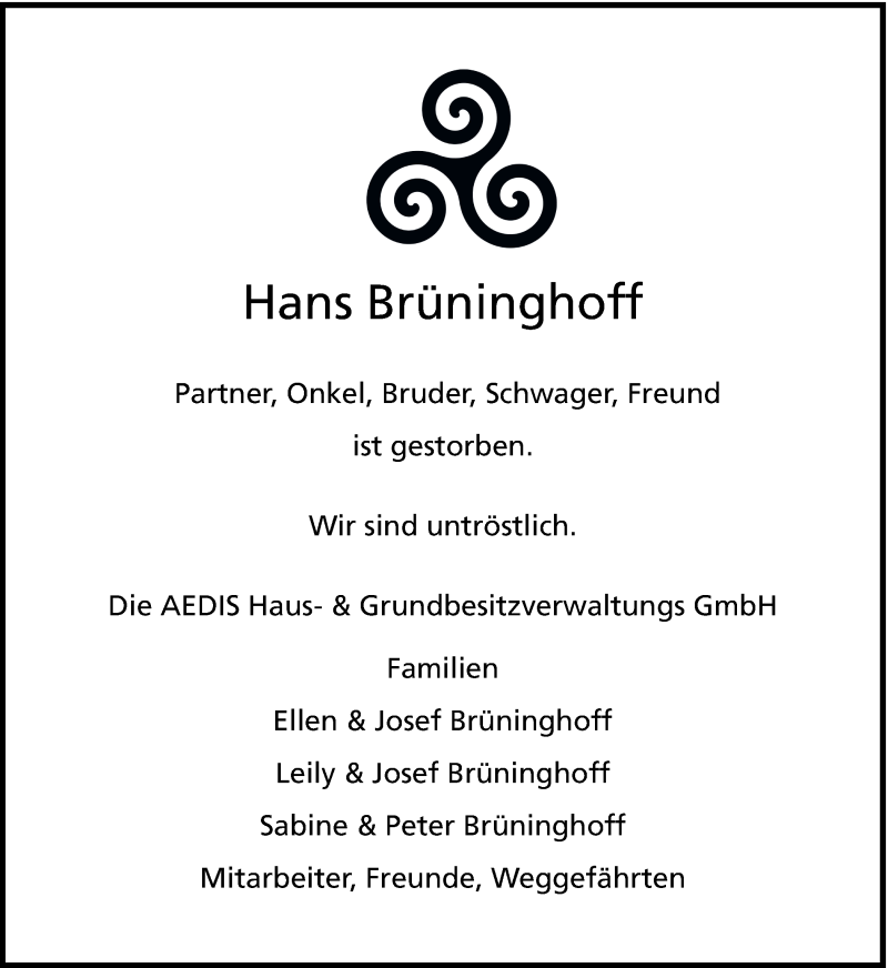  Traueranzeige für Hans  Brüninghoff vom 29.09.2016 aus Ruhr Nachrichten und Dorstener Zeitung