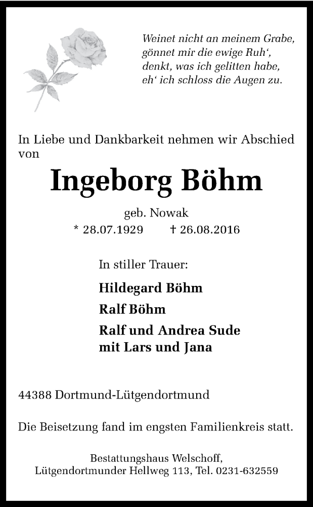  Traueranzeige für Ingeborg Böhm vom 06.09.2016 aus Ruhr Nachrichten