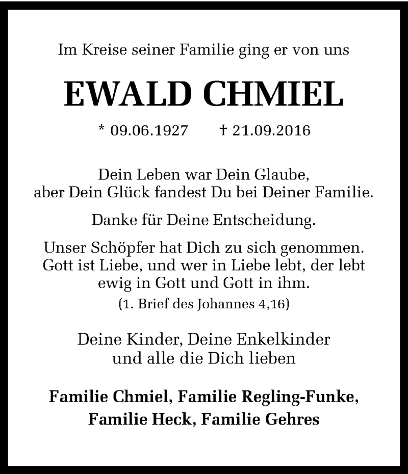  Traueranzeige für Ewald Chmiel vom 24.09.2016 aus Ruhr Nachrichten