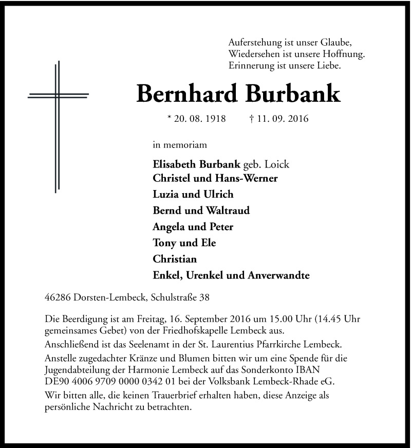  Traueranzeige für Bernhard Burbank vom 13.09.2016 aus Ruhr Nachrichten und Dorstener Zeitung
