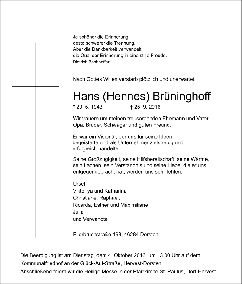  Traueranzeige für Hans  Brüninghoff vom 28.09.2016 aus Ruhr Nachrichten und Dorstener Zeitung