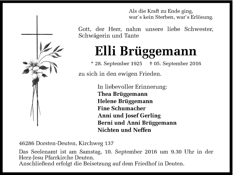  Traueranzeige für Elli Brüggemann vom 08.09.2016 aus Ruhr Nachrichten und Dorstener Zeitung