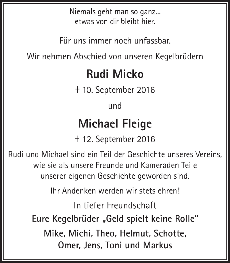  Traueranzeige für Michael Fleige vom 15.09.2016 aus Ruhr Nachrichten und Dorstener Zeitung