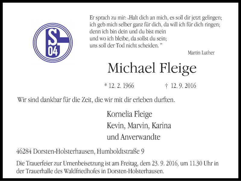  Traueranzeige für Michael Fleige vom 20.09.2016 aus Ruhr Nachrichten und Dorstener Zeitung