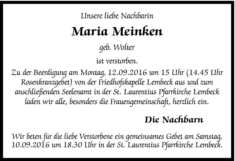  Traueranzeige für Maria Meinken vom 09.09.2016 aus Ruhr Nachrichten und Dorstener Zeitung