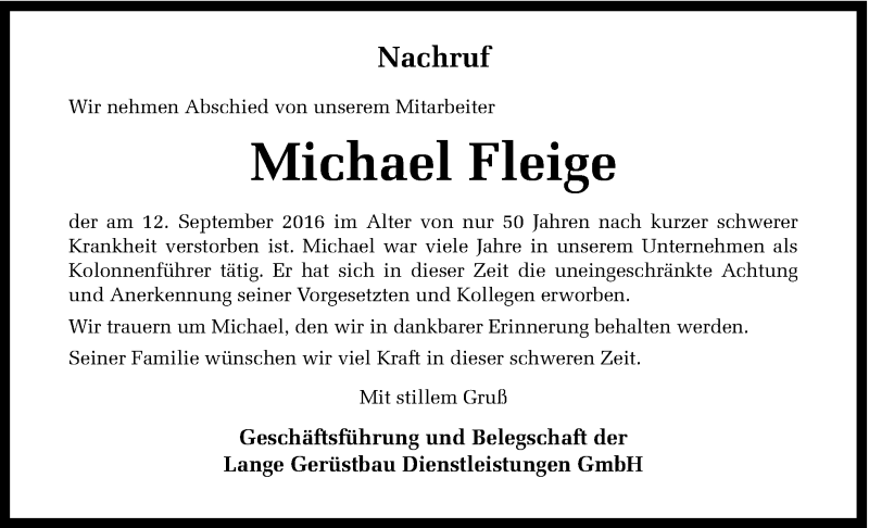  Traueranzeige für Michael Fleige vom 19.09.2016 aus Ruhr Nachrichten und Dorstener Zeitung