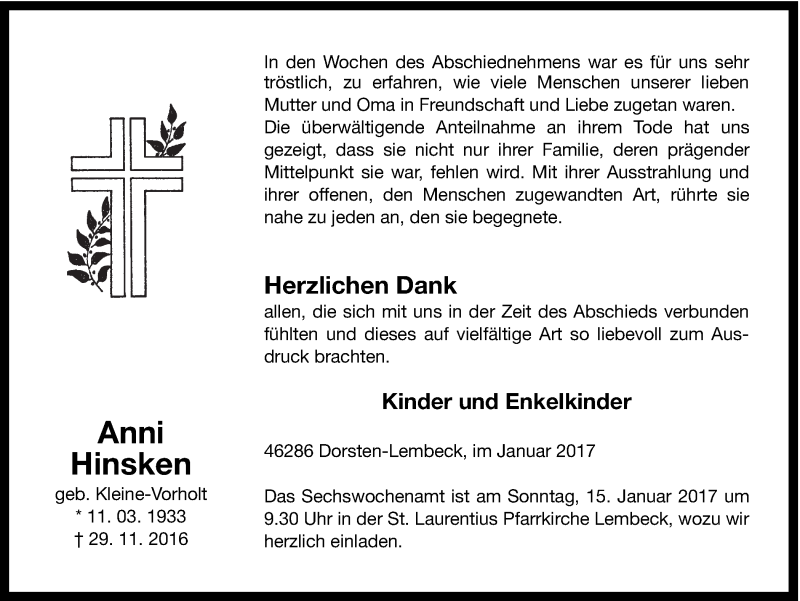 Traueranzeige für Anni Hinsken vom 12.01.2017 aus Ruhr Nachrichten und Dorstener Zeitung