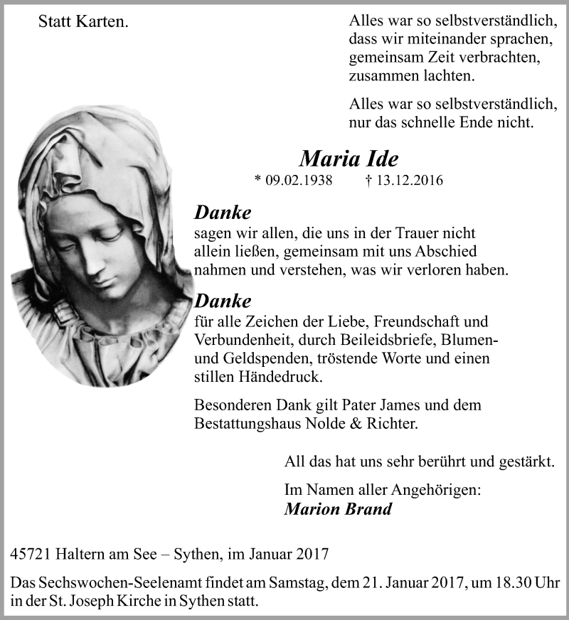  Traueranzeige für Maria Ide vom 18.01.2017 aus Ruhr Nachrichten und Halterner Zeitung