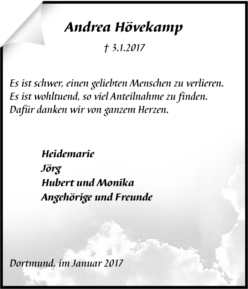  Traueranzeige für Andrea Hövekamp vom 28.01.2017 aus Ruhr Nachrichten
