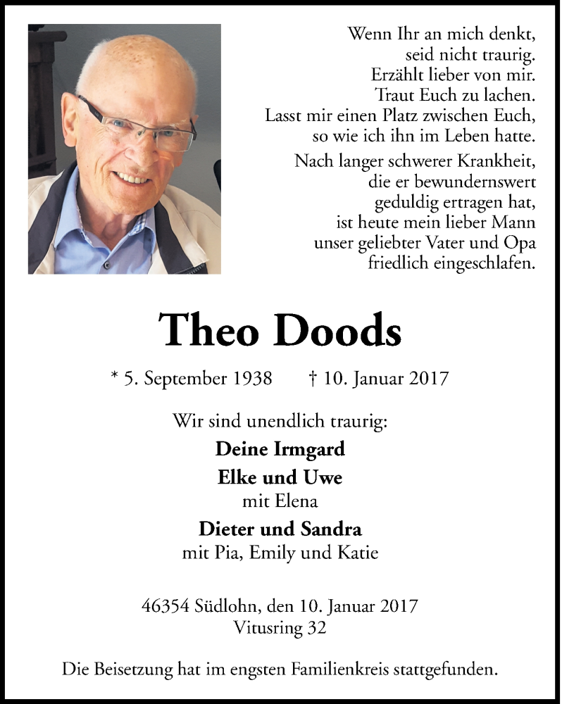  Traueranzeige für Theo Doods vom 17.01.2017 aus Münstersche Zeitung und Münsterland Zeitung