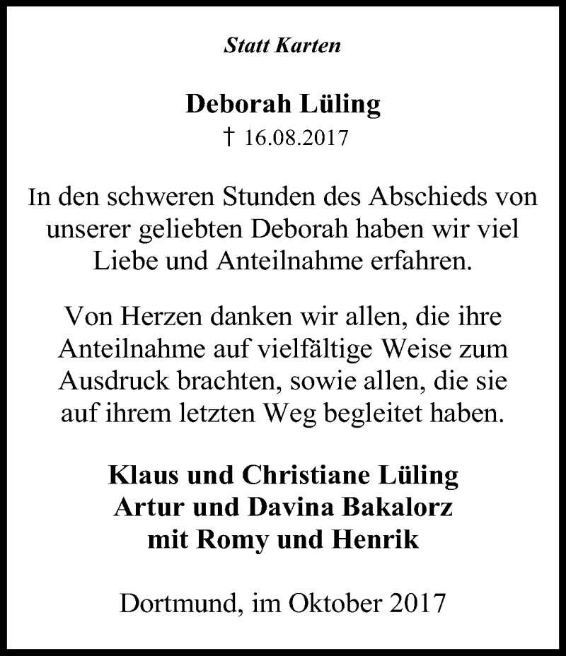  Traueranzeige für Deborah Lüling vom 07.10.2017 aus Ruhr Nachrichten