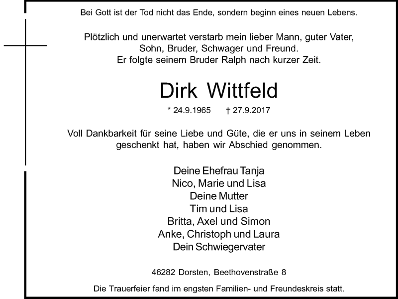  Traueranzeige für Dirk Wittfeld vom 09.10.2017 aus Ruhr Nachrichten und Dorstener Zeitung