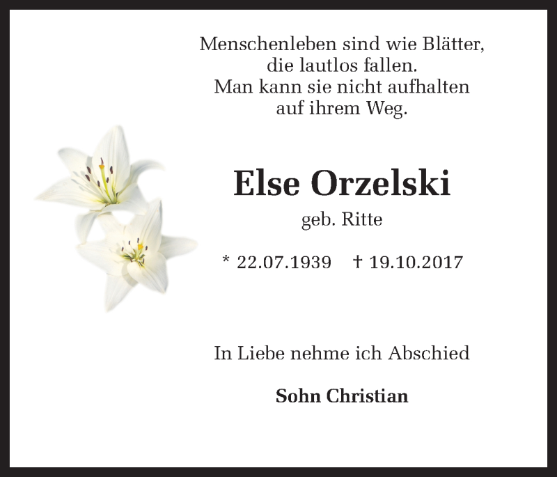  Traueranzeige für Else Orzelski vom 20.10.2017 aus Ruhr Nachrichten und Dorstener Zeitung