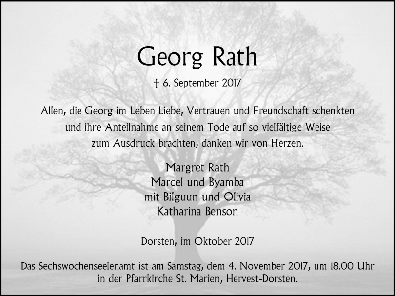  Traueranzeige für Georg Rath vom 31.10.2017 aus Ruhr Nachrichten und Dorstener Zeitung