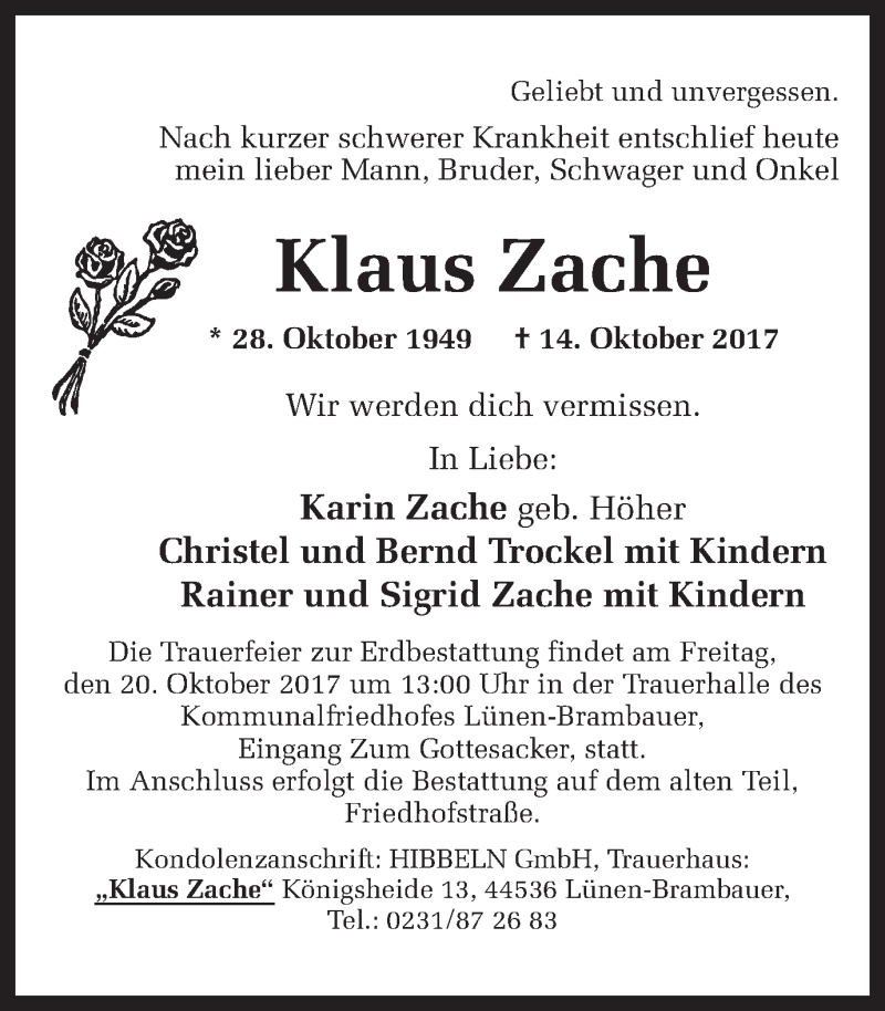  Traueranzeige für Klaus Zache vom 17.10.2017 aus Ruhr Nachrichten