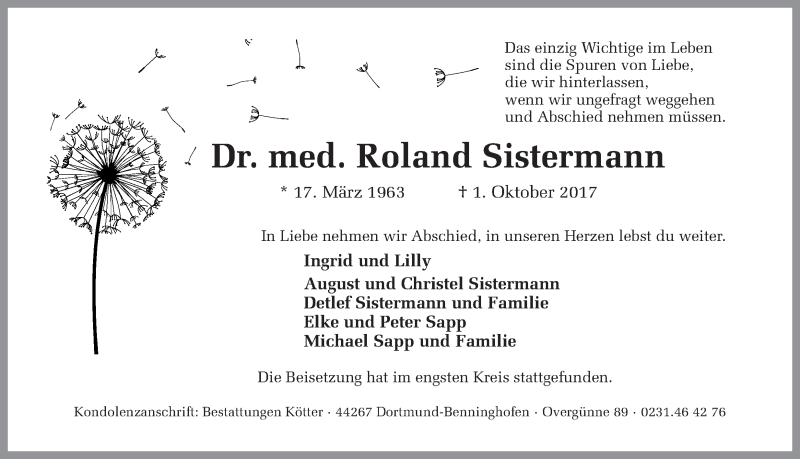  Traueranzeige für Roland Sistermann vom 14.10.2017 aus Ruhr Nachrichten